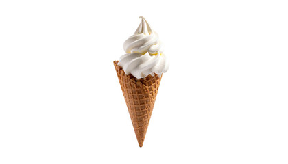 Swirled vanilla ice cream in a crisp waffle cone on black