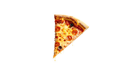 Pizza slice with pepperoni and olives against black backdrop