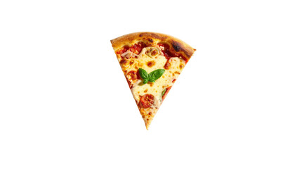 Slice of pizza with basil on black background