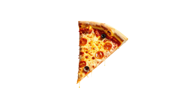 Pizza slice with pepperoni and olives against black backdrop