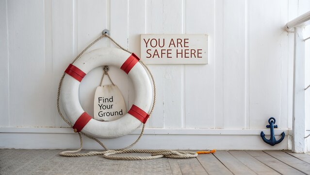 Life preserver ring with safety messages hanging on a wall you are safe here