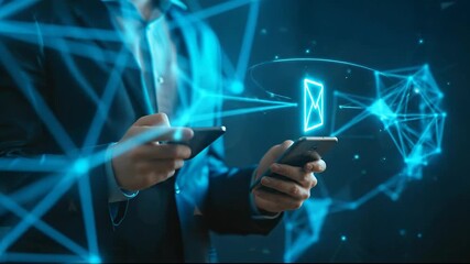 A person in a suit holding two smartphones with a glowing digital network and email icon, representing modern communication and business technology. - Powered by Adobe