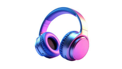 Headphones shine in purple, blue, and pink on a black backdrop