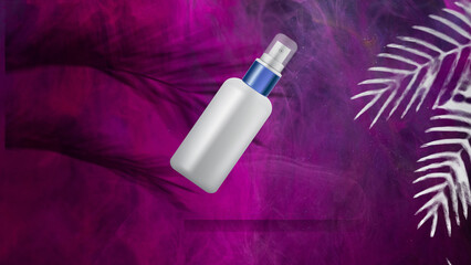 Cosmetic spray bottle mockup floating on vibrant purple smoky background with tropical leaves for beauty branding and product advertising