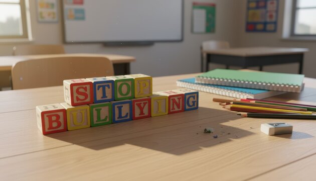 Colorful wooden blocks stacked to spell stop bullying classroom desk with notebooks pencils and scattered eraser pieces creating a calm scene that highlights a clear message about safety and awareness