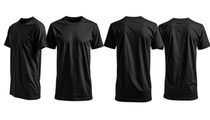 Four plain black t-shirts shown front/back, displaying design variations against a black background