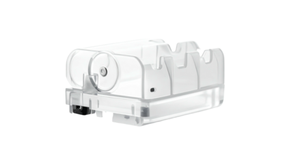 Clear plastic object, cylindrical shape and complex design