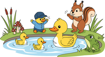 Playful cartoon pond scene with ducklings, chipmunk, frog, and mushrooms in nature setting, cheerful and educational children’s illustration