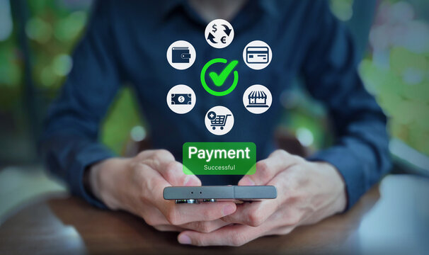Mobile payment success interface with financial icons and green confirmation overlay