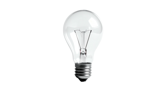 Lit lightbulb on black. Transparent bulb with a visible filament