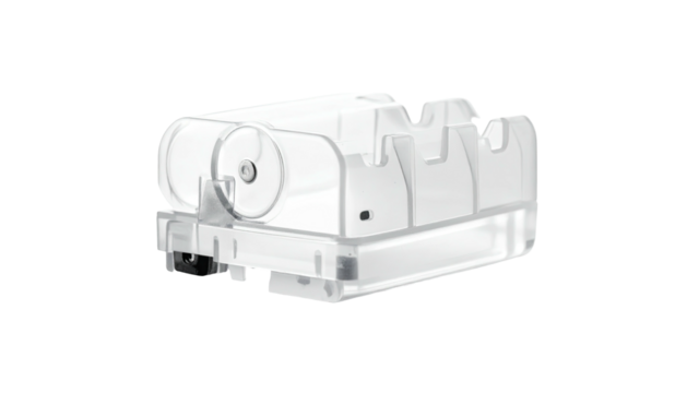 Clear plastic object, cylindrical shape and complex design