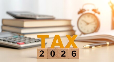 Tax and financial concept with books, clock, calculator and pen