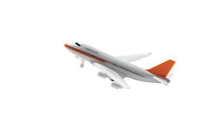 Airplane taking off, white fuselage, orange tailfin, landing gear
