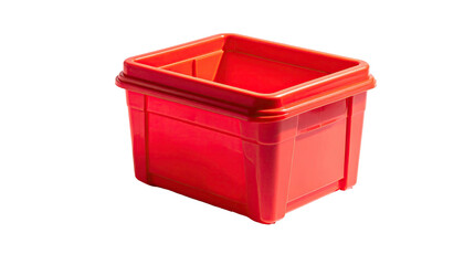 Bright red, empty, square plastic bin on black background
