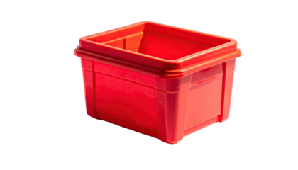 Bright red, empty, square plastic bin on black background