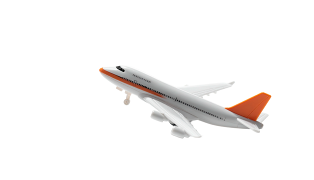 Airplane taking off, white fuselage, orange tailfin, landing gear - Powered by Adobe
