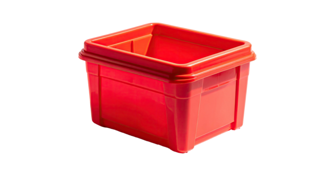 Bright red, empty, square plastic bin on black background