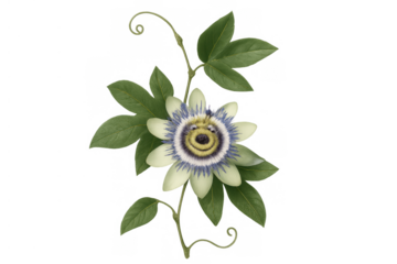 Passion flower with anthropomorphic smiling face and green leaves vine, drawing on transparent background