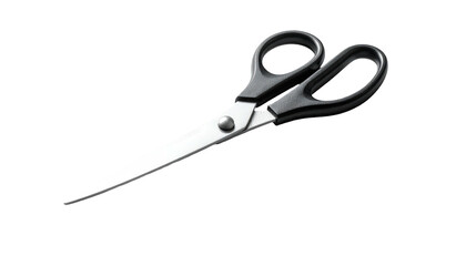 Sleek, silver scissors with black handles on dark backdrop
