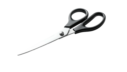 Sleek, silver scissors with black handles on dark backdrop