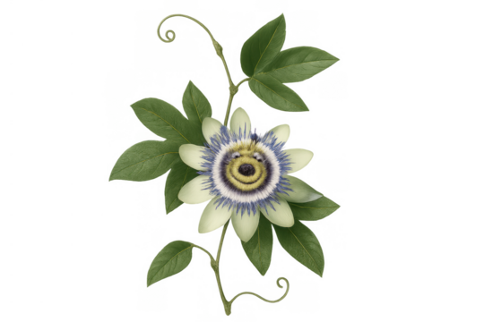 Passion flower with anthropomorphic smiling face and green leaves vine, drawing on transparent background