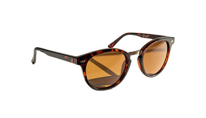 Tortoise-shell framed sunglasses with brown lenses, angled view