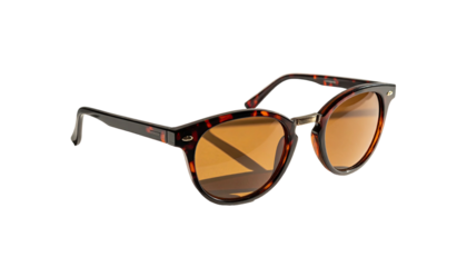 Tortoise-shell framed sunglasses with brown lenses, angled view