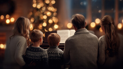 Family sitting together at piano in cozy living room, playing music by Christmas tree with warm festive lights