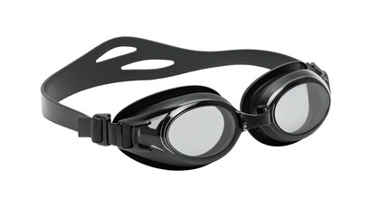 Black swim goggles with clear lenses on a black background