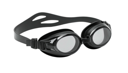 Black swim goggles with clear lenses on a black background
