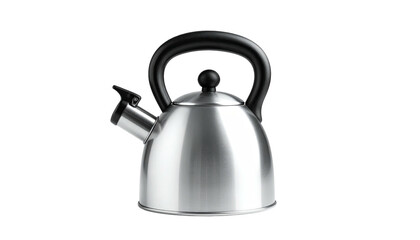Shiny kettle with black handle, spout on left, isolated