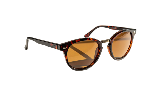 Tortoise-shell framed sunglasses with brown lenses, angled view