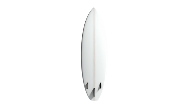 White surfboard centered, three black fins on a dark background