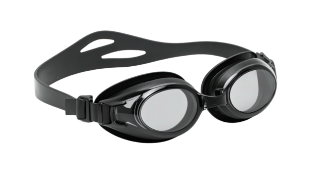 Black swim goggles with clear lenses on a black background