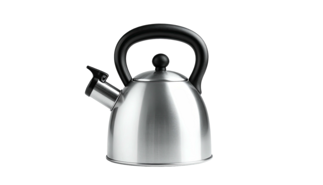Shiny kettle with black handle, spout on left, isolated