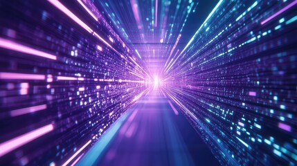 Digital data stream tunnel with glowing light speed