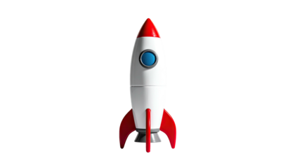 Cartoon rocketship, white body, red fins and cone, blue porthole