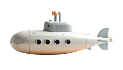 Toy submarine against black background. Side view. Grayish-white