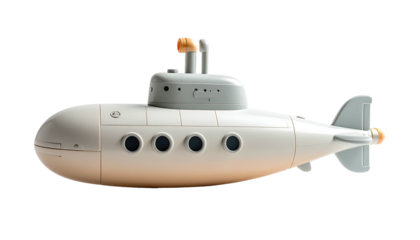 Toy submarine against black background. Side view. Grayish-white