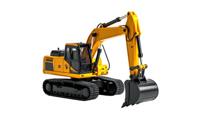 Yellow excavator machine with tracks isolated against black