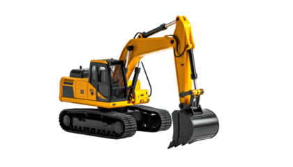Yellow excavator machine with tracks isolated against black