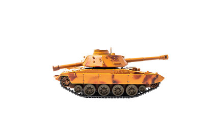 Orange camo tank toy against stark black background, angled view