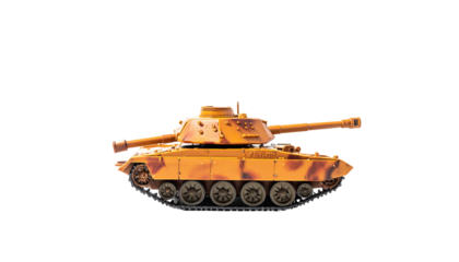 Orange camo tank toy against stark black background, angled view