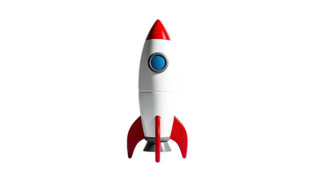 Cartoon rocketship, white body, red fins and cone, blue porthole