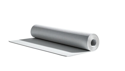 Rolled gray yoga mat partially unrolled on a black background