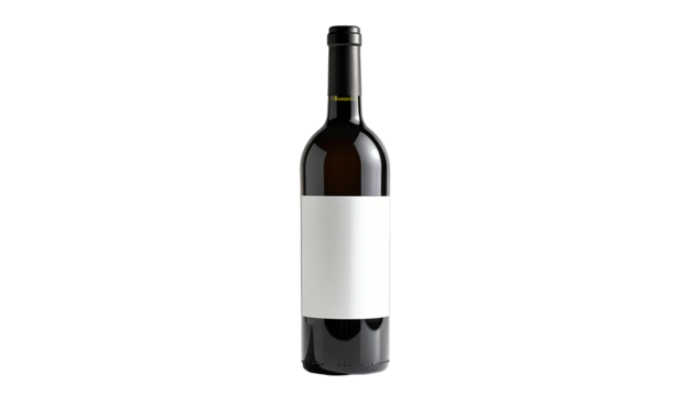 Wine bottle. Blank label. Clear glass. Dark liquid. Isolated