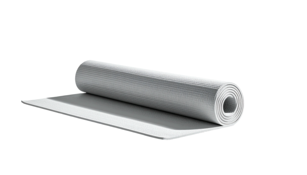 Rolled gray yoga mat partially unrolled on a black background
