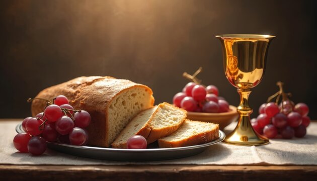 Golden chalice with red grapes and bread slices. Religious sacrament symbols for communion, faith, and spirituality. Holy communion elements for church service or first communion ceremony.