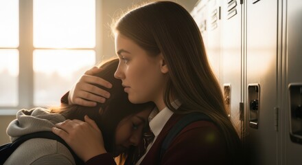 Teen girl hugging and comforting sad friend in school hallway beside lockers showing empathy care and emotional support during difficult moment