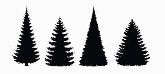 Fototapeta premium Four textured black silhouette evergreen trees on white background